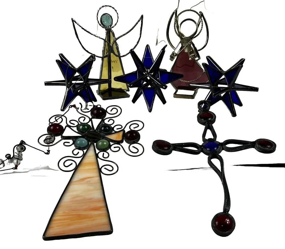 Set of 7 Stained Glass Cobalt Blue Snowflake Ornaments 4 Handmade Angel &Crosses